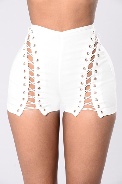 Sexy High Waist Hollow-out White Polyester Skinny Shorts