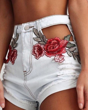 Trendy High Waist Embroidery Hollw-out White Denim Shorts