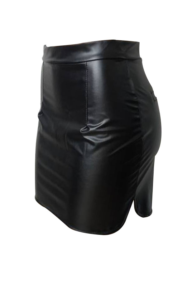  Fashion High Waist Black Leather Sheath Mini Skirts