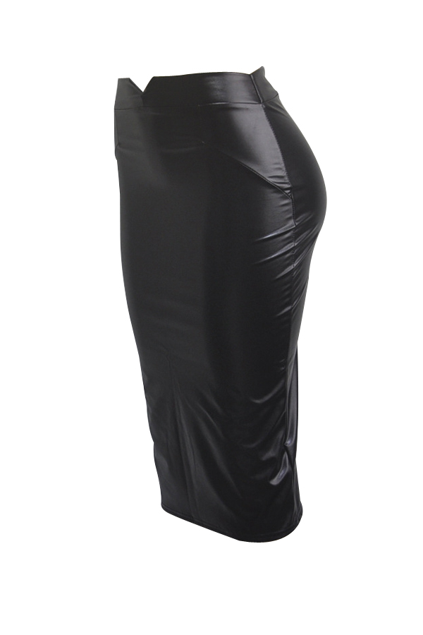  Trendy High Waist Black Leather Sheath Knee Length Skirts