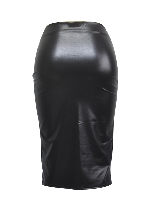  Trendy High Waist Black Leather Sheath Knee Length Skirts