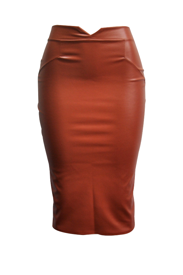  Trendy High Waist Coffee Leather Sheath Knee Length Skirts