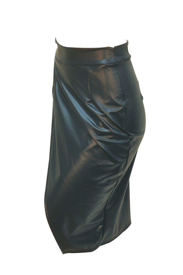  Trendy High Waist Front Split Black-green Leather Knee Length Skirts