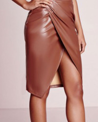  Trendy High Waist Front Split Coffee Leather Knee Length Skirts