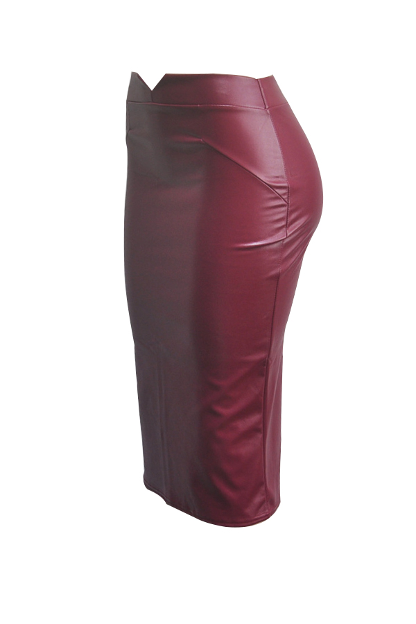  Trendy High Waist Purplish Red Leather Sheath Knee Length Skirts