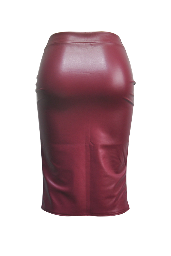  Trendy High Waist Purplish Red Leather Sheath Knee Length Skirts
