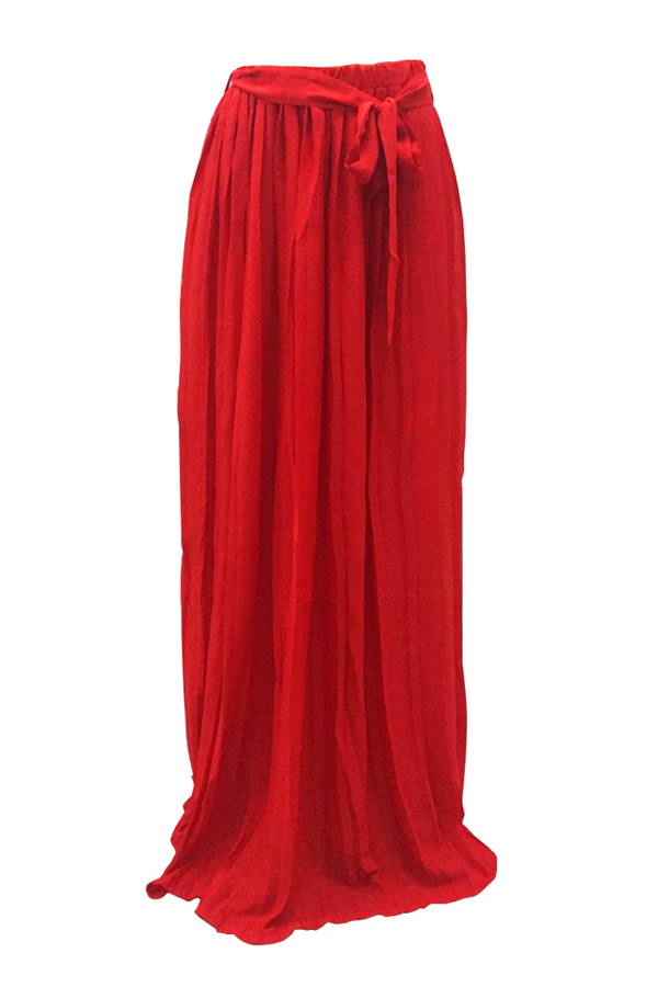  Trendy High Waist Red Polyester Pleated Skirts