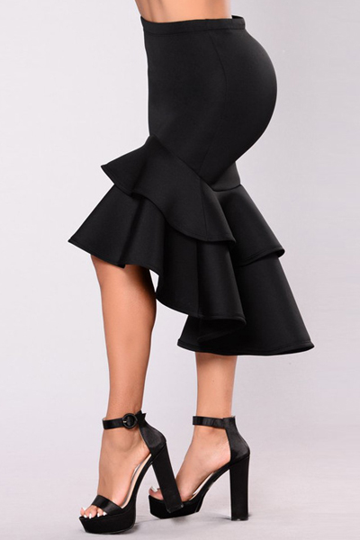 Stylish High Waist Falbala Design Black Cotton Mermaid Knee Length Skirts