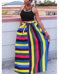 Stylish High Waist Striped Polyester Ankle Length Skirts