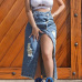 Trendy High Waist High Split Blue Denim Ankle Length Skirts