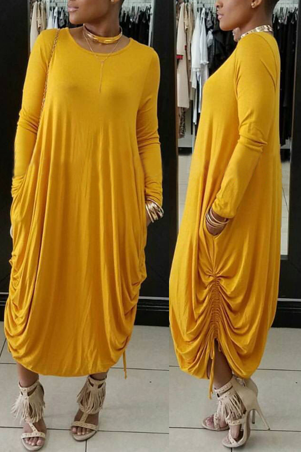  Casual Round Neck Yellow Polyester Mid Calf Dress