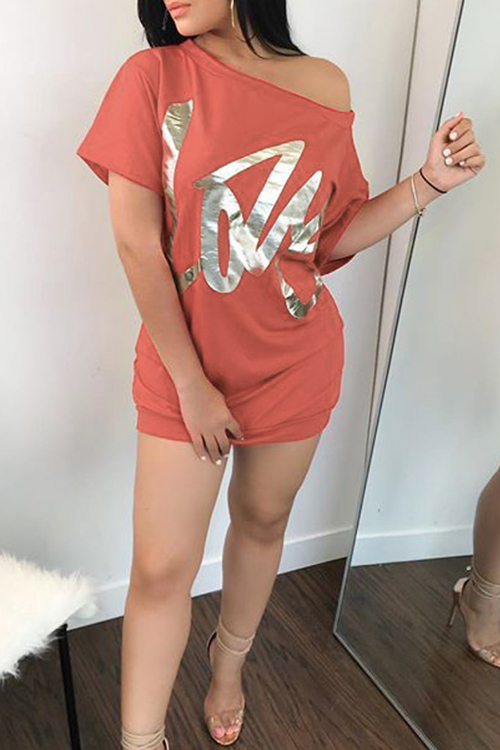  Casual Sloping Shoulder Letters Of Hot Stamping Red Cotton Blend Mini Dress