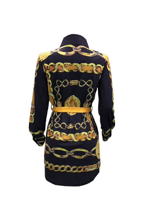  Casual Turndown Collar Printed Black Cotton Blend Mini Shirt Dress(With Belt)