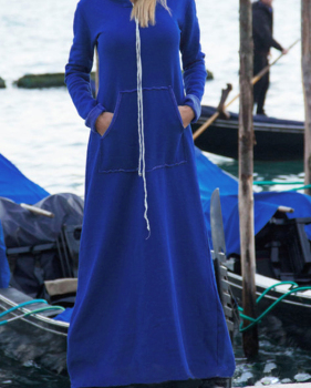  Casual V Neck Blue Milk Fiber Ankle Length Dress