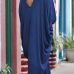  Casual V Neck Hollow-out Blue Polyester Mid Calf Dress