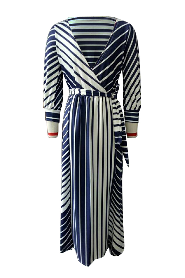  Causal V Neck Stripe Printed Blue Healthy Fabric Ankle Length Dress(Without Necklace)