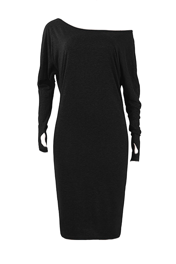  Euramerican Dew Shoulder Black Cotton Blend Sheath Mid Calf Dress