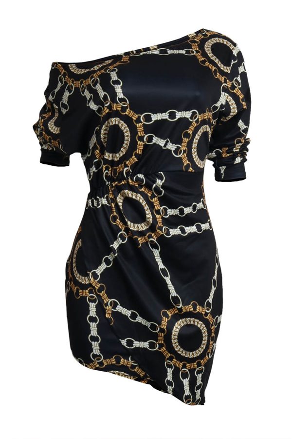  Euramerican Dew Shoulder Chain Printing Black Polyester Sheath Mini Dress