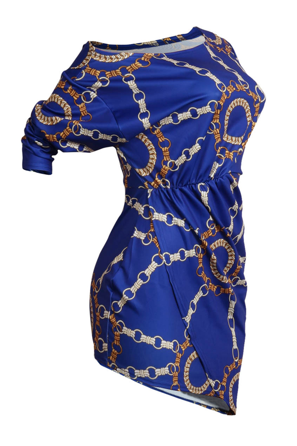  Euramerican Dew Shoulder Chain Printing Blue Polyester Sheath Mini Dress
