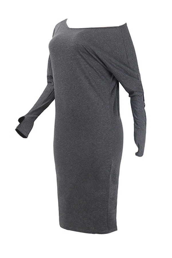  Euramerican Dew Shoulder Grey Cotton Blend Sheath Mid Calf Dress