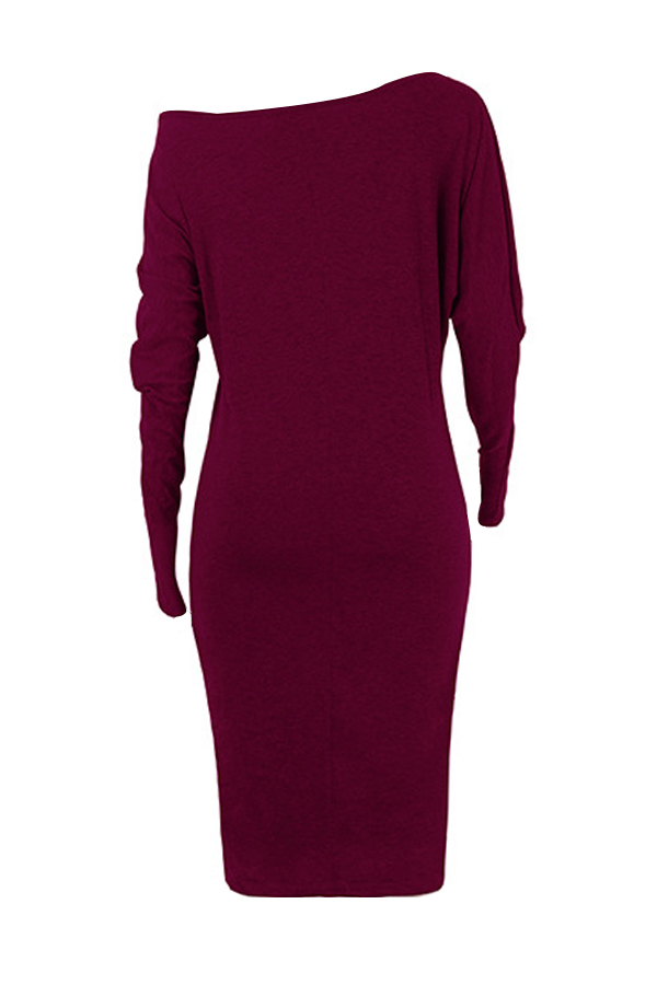  Euramerican Dew Shoulder Wine Red Cotton Blend Sheath Mid Calf Dress
