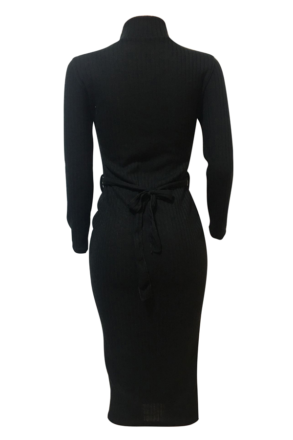  Euramerican Long Sleeves Black Polyester Sheath Mid Calf Dress