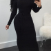  Euramerican Long Sleeves Black Polyester Sheath Mid Calf Dress