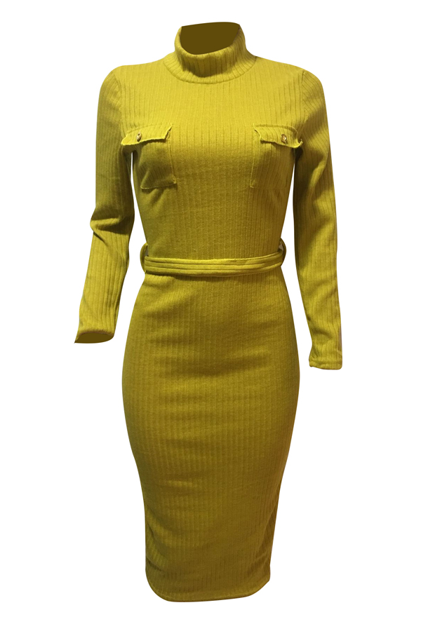  Euramerican Long Sleeves Yellow Polyester Sheath Mid Calf Dress