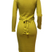  Euramerican Long Sleeves Yellow Polyester Sheath Mid Calf Dress