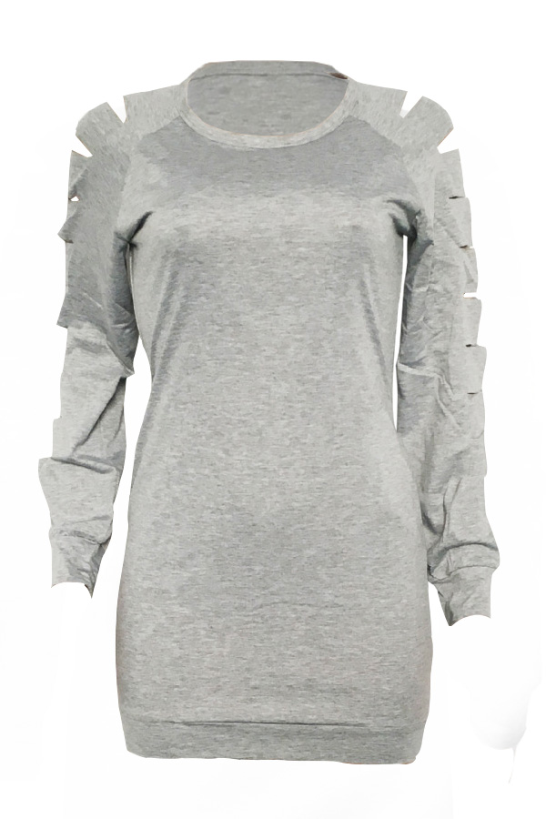  Euramerican Round Neck Long Sleeves Hollow-out Grey Polyester Sheath Mini Dress