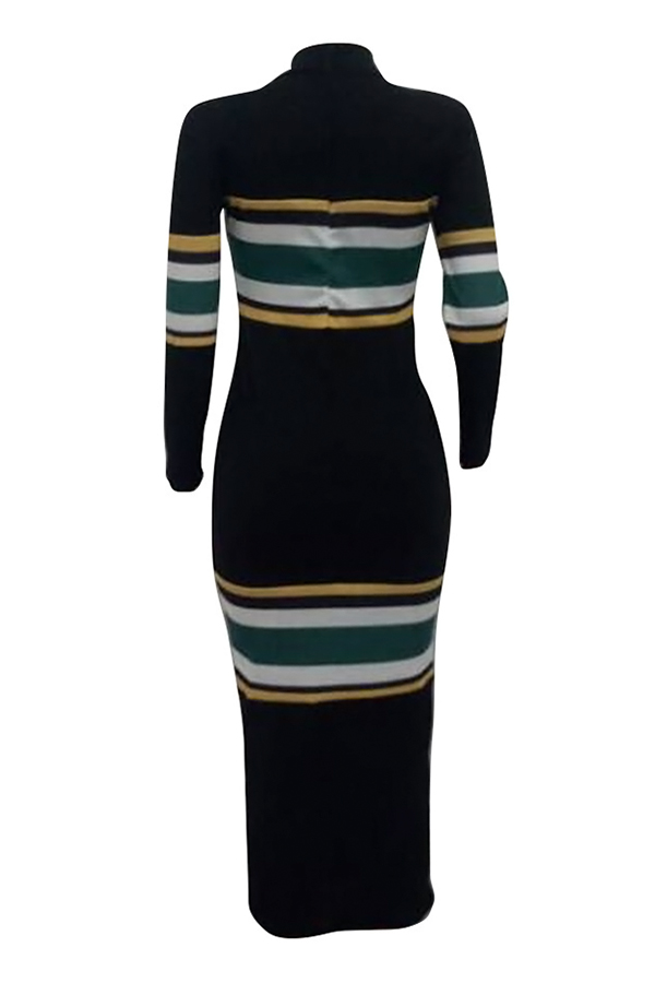  Euramerican Round Neck Striped Patchwork Black Polyester Mid Calf Dress