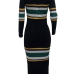  Euramerican Round Neck Striped Patchwork Black Polyester Mid Calf Dress