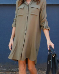  Euramerican Single-breasted Design Army Green Polyester Knee Length Dress