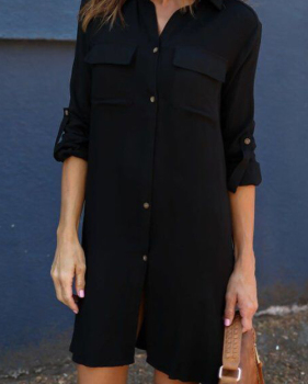  Euramerican Single-breasted Design Black Polyester Knee Length Dress