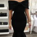  Fashion Bateau Neck Falbala Design Black Polyester Mid Calf Dress