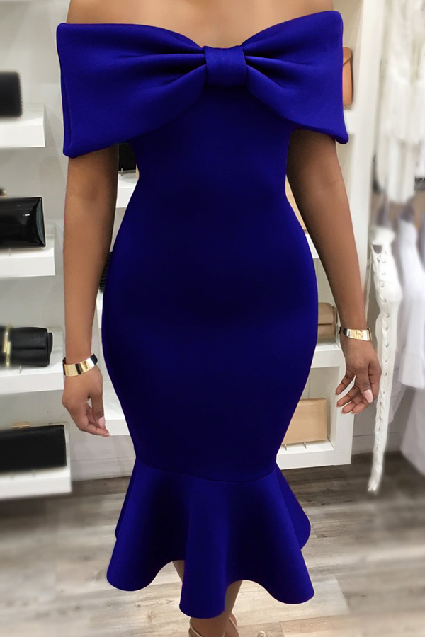  Fashion Bateau Neck Falbala Design Blue Polyester Mid Calf Dress