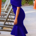  Fashion Bateau Neck Falbala Design Blue Polyester Mid Calf Dress
