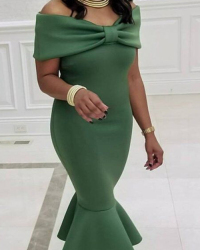  Fashion Bateau Neck Falbala Design Dark Green Polyester Mid Calf Dress