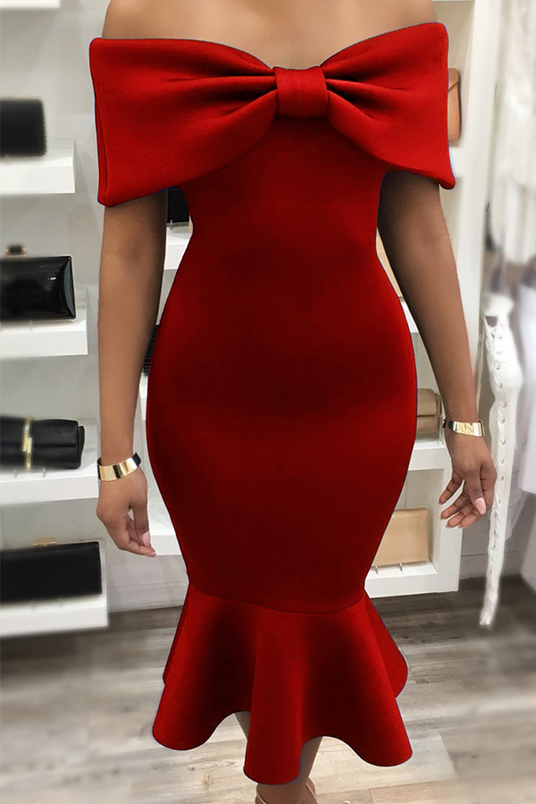  Fashion Bateau Neck Falbala Design Red Polyester Mid Calf Dress