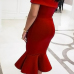  Fashion Bateau Neck Falbala Design Red Polyester Mid Calf Dress