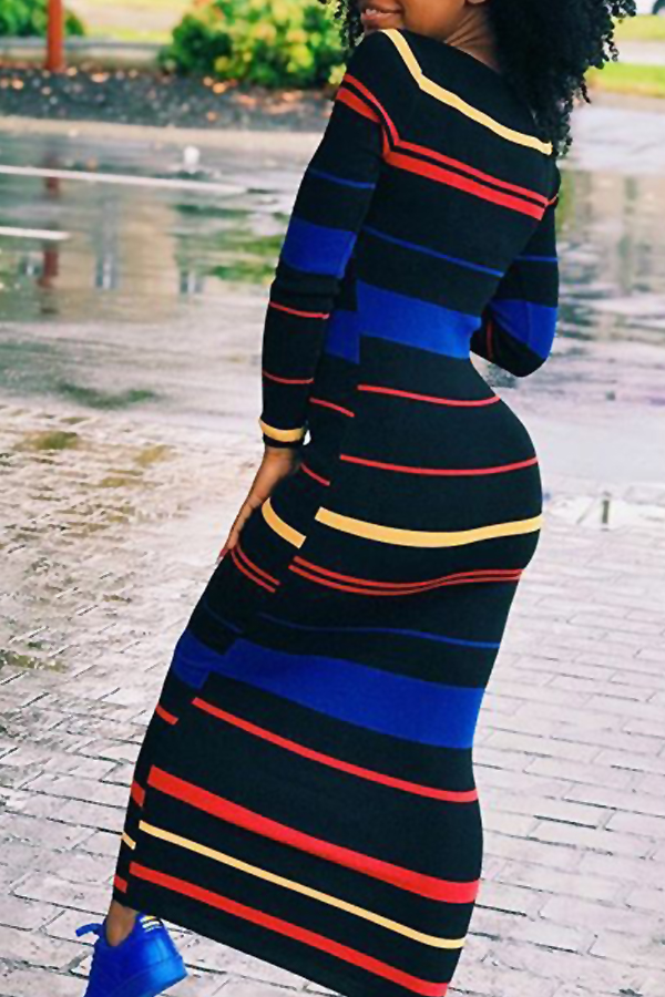  Fashion Round Neck Stripe Printed Black Polyester Ankle Length Dress