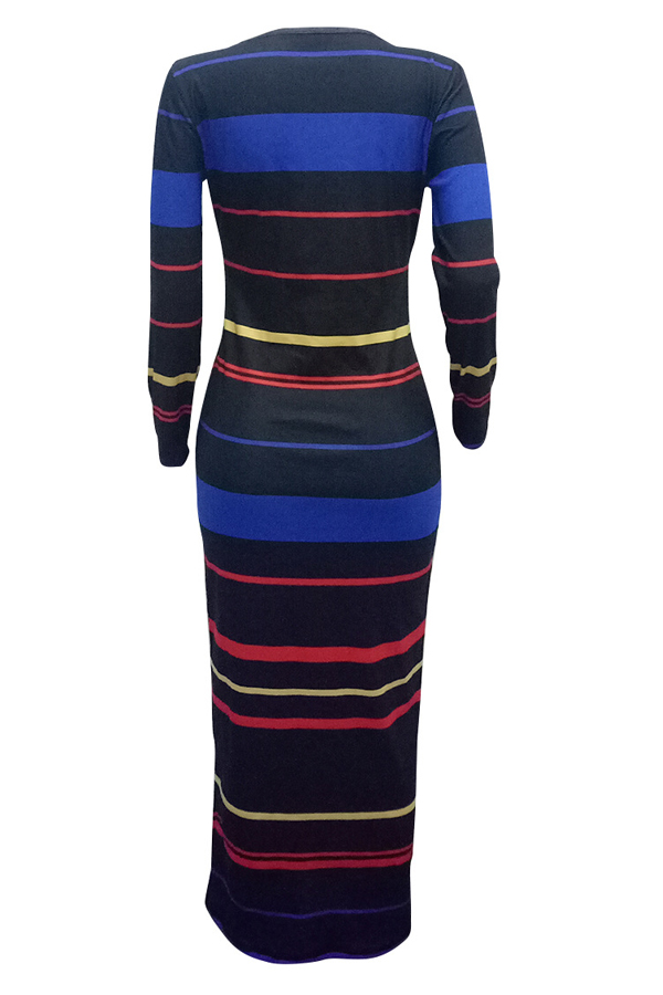  Fashion Round Neck Stripe Printed Black Polyester Ankle Length Dress