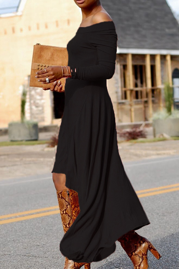  Fashionable Bateau Neck Dew Shoulder Black Cotton Ankle Length Dress