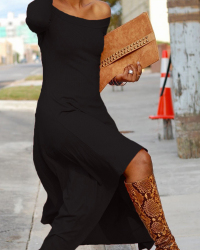  Fashionable Bateau Neck Dew Shoulder Black Cotton Ankle Length Dress