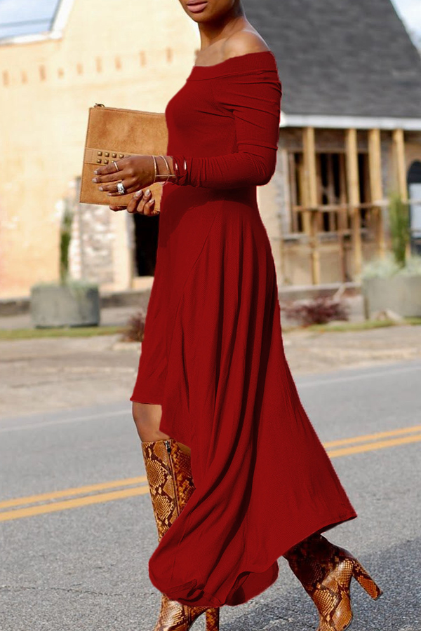  Fashionable Bateau Neck Dew Shoulder Wine Red Cotton Ankle Length Dress