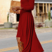  Fashionable Bateau Neck Dew Shoulder Wine Red Cotton Ankle Length Dress