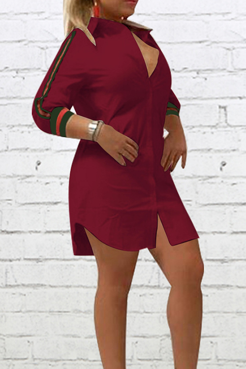 Fashionable Turndown Collar Striped Wine Red Polyester Mini Dress