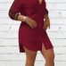  Fashionable Turndown Collar Striped Wine Red Polyester Mini Dress