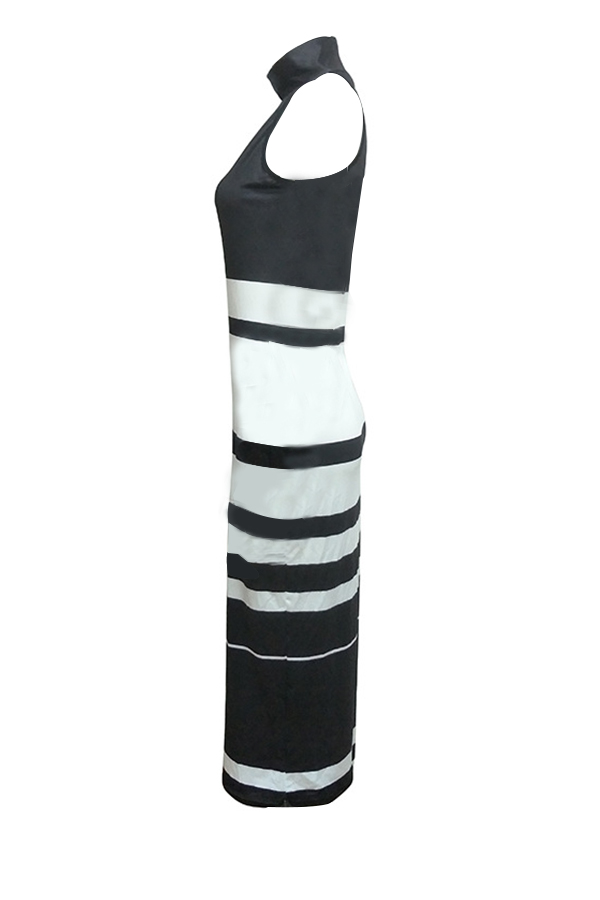  Fashionable Turtleneck Striped Patchwork  Polyester Mid Calf Dress