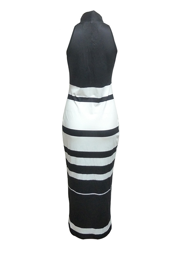  Fashionable Turtleneck Striped Patchwork  Polyester Mid Calf Dress